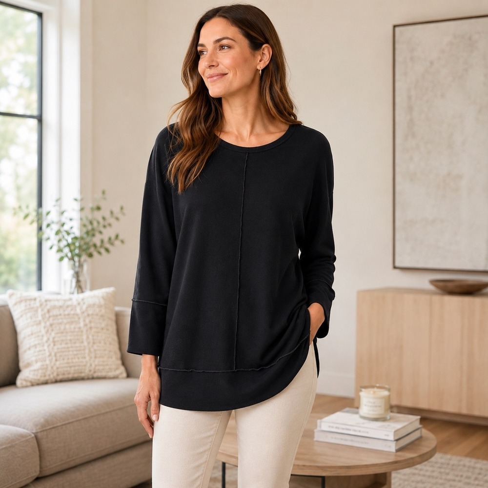 Spanx AirEssentials Long Sleeve Tunic Sweatshirt Black Womens Medium Relaxed Fit